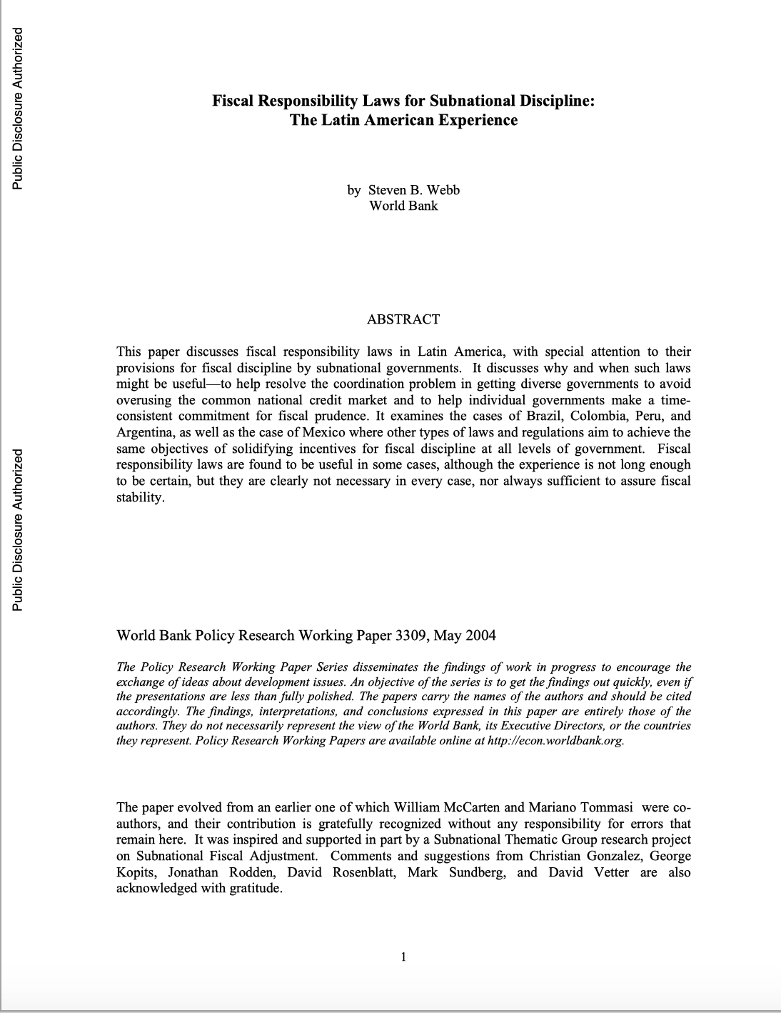 Fiscal Responsibility Laws For Subnational Discipline: The Latin American Experience